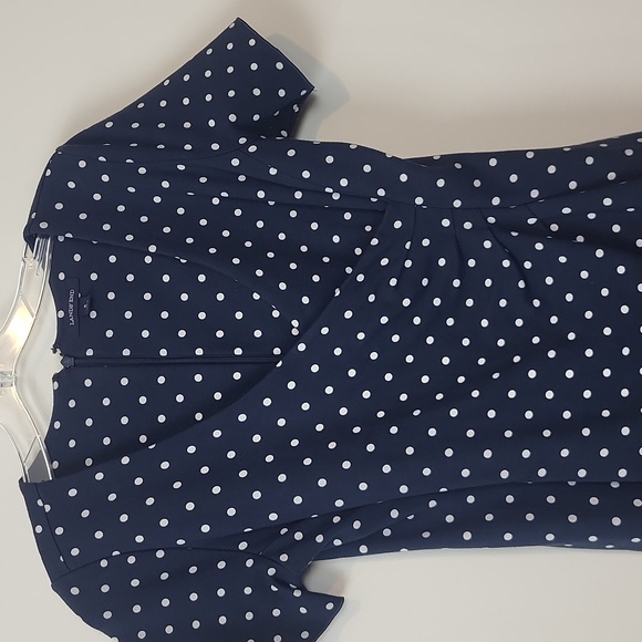 LANDS' END Navy Blue White Polka-dot Top Faux Wrap Side Ruched Knit Dress - Picture 4 of 12